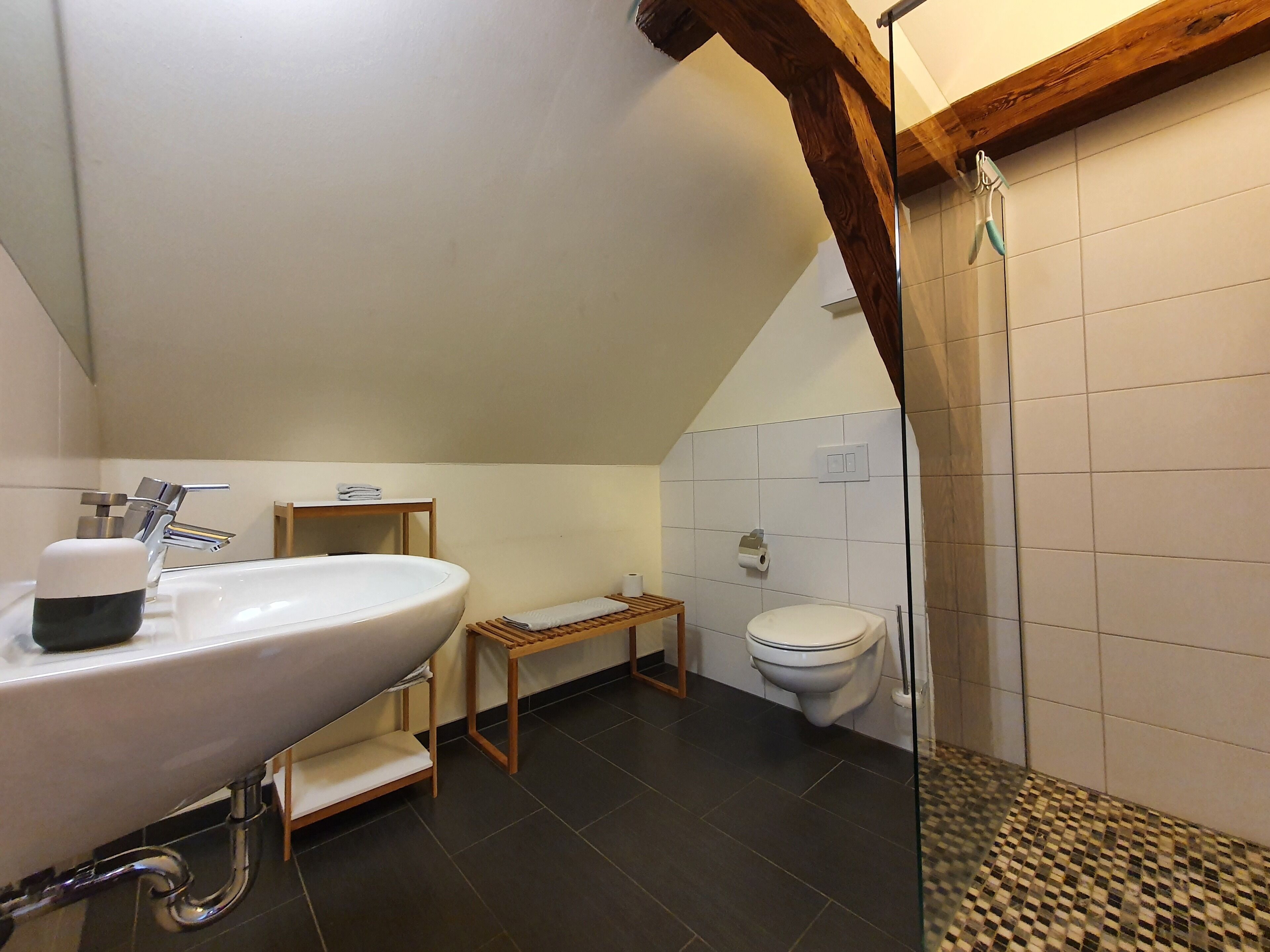 A bathroom with a white sink, a toilet, and a shower area.