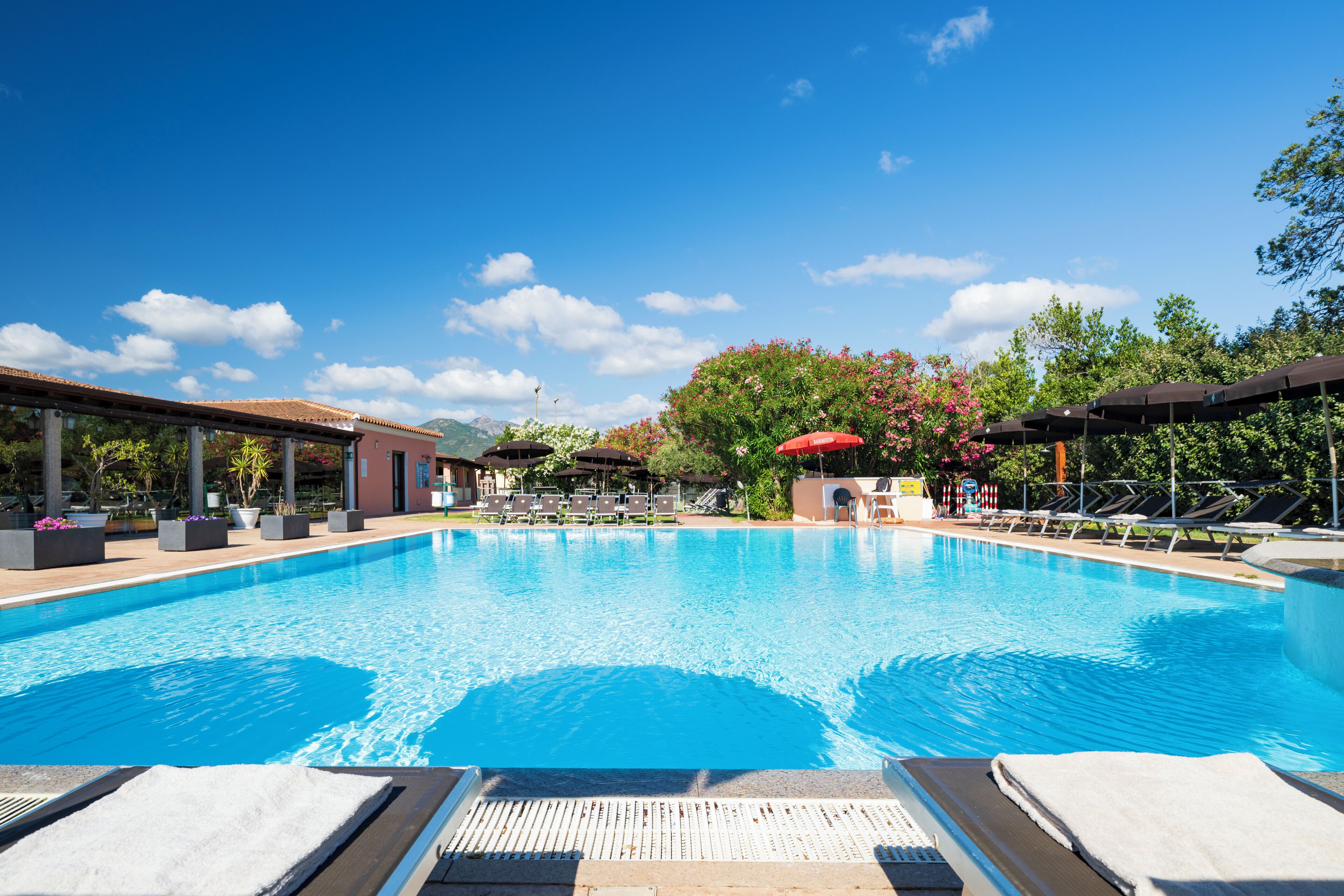A clear blue pool with lounge chairs and umbrellas, surrounded by trees and buildings.