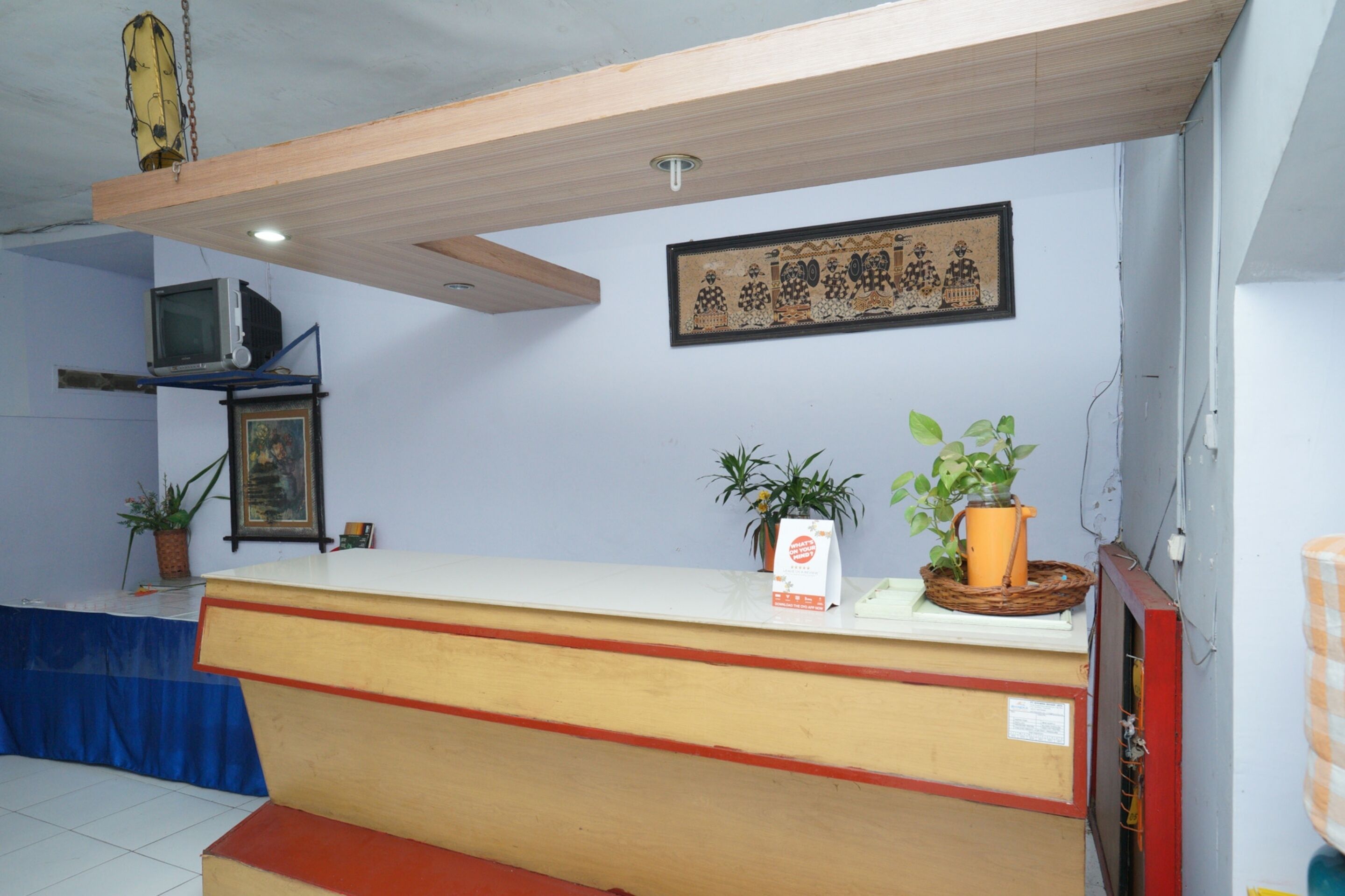 A reception desk with a blue curtain, a framed picture on the wall, and potted plants.