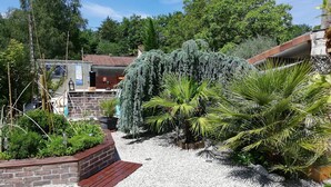 A garden with a brick wall, gravel path, and various plants including a large tree and palm trees.