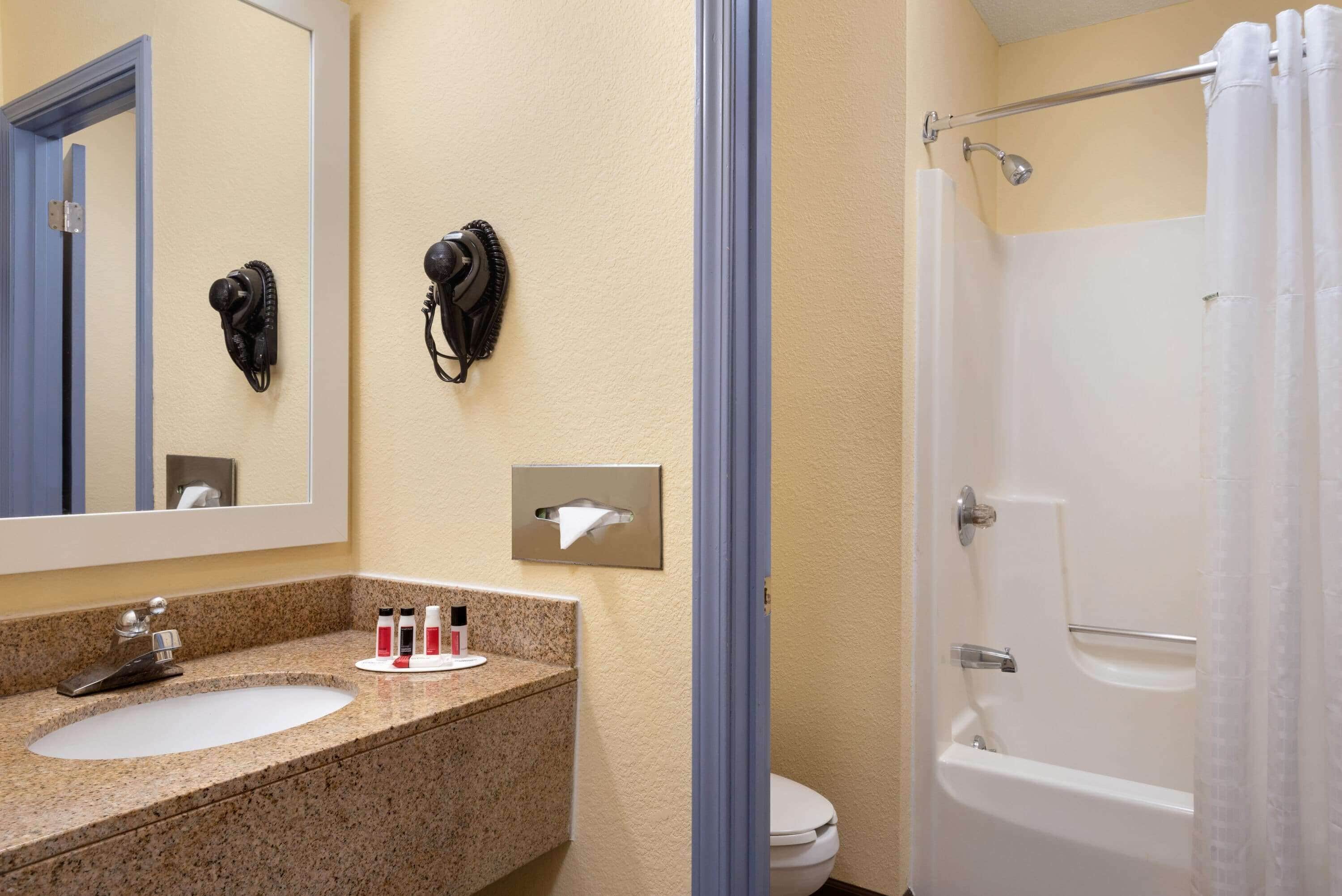 A bathroom with a sink, mirror, hairdryer, and shower curtain.