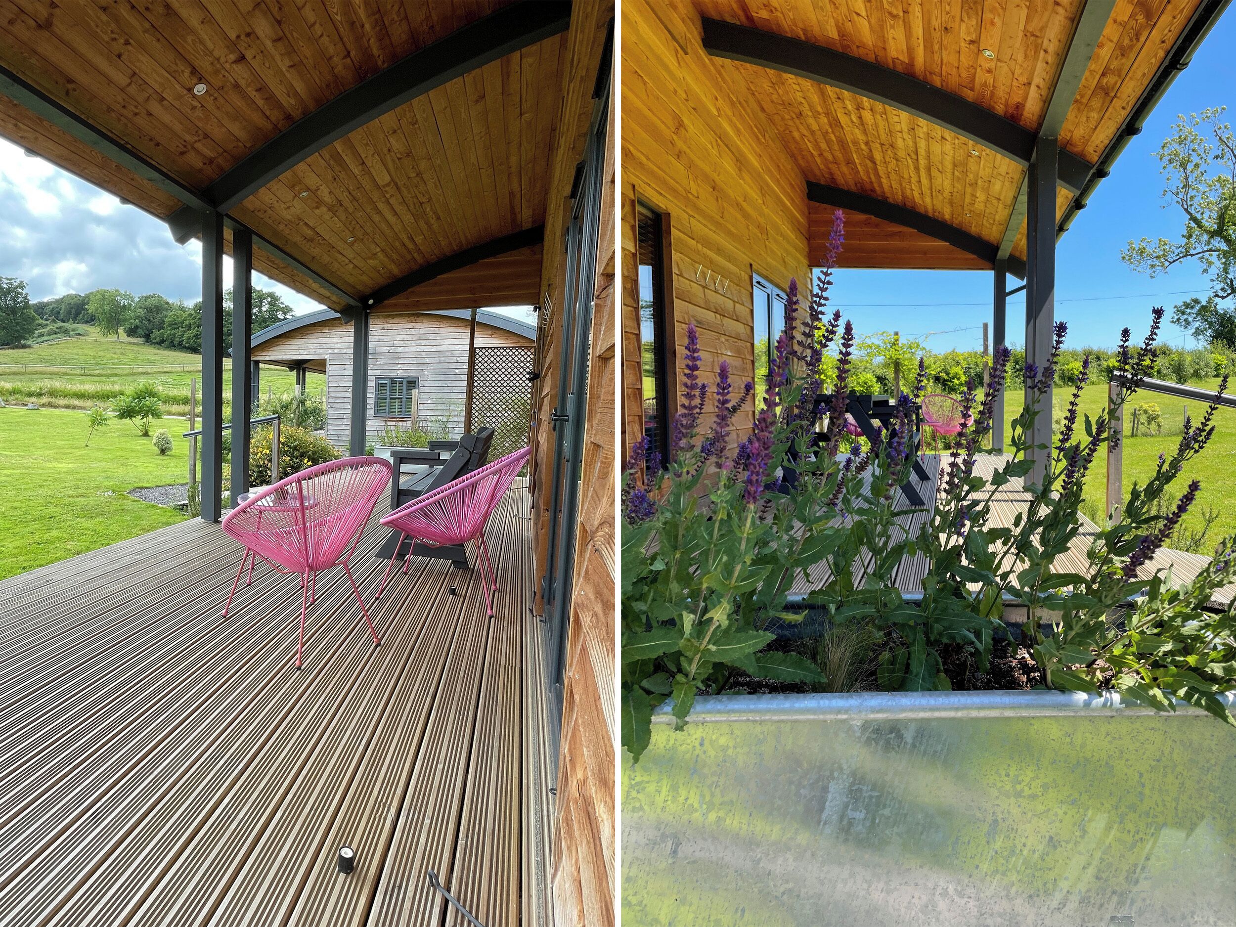 A covered outdoor area with a wooden deck, two red chairs, and a view of a house in the background.