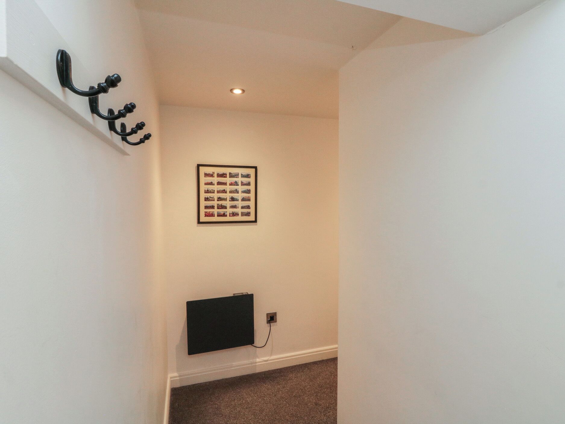A hallway with a framed photo collage on the wall, a coat hook, and a mounted flat-screen TV.