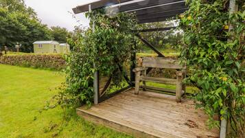 En träbänk under en pergola som är översållad med klätterväxter, placerad på en gräsyta med en stenmur och hus i bakgrunden.
