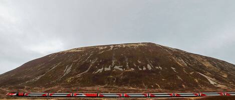 A train moving through a flat landscape with a large hill in the background.
