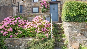 Une maison en pierre avec une porte bleue, des fleurs roses et un escalier en pierre menant à l’entrée.