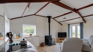 A spacious living room with a fireplace, a television, and a dining area with kitchen utensils visible. - Village View (Bridport)