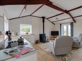 Un salón espacioso con chimenea, televisión y comedor, con utensilios de cocina a la vista.