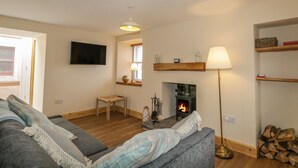 A cozy living room with a sofa, a television, a fireplace, and a lamp. - 11 Village (Banff)