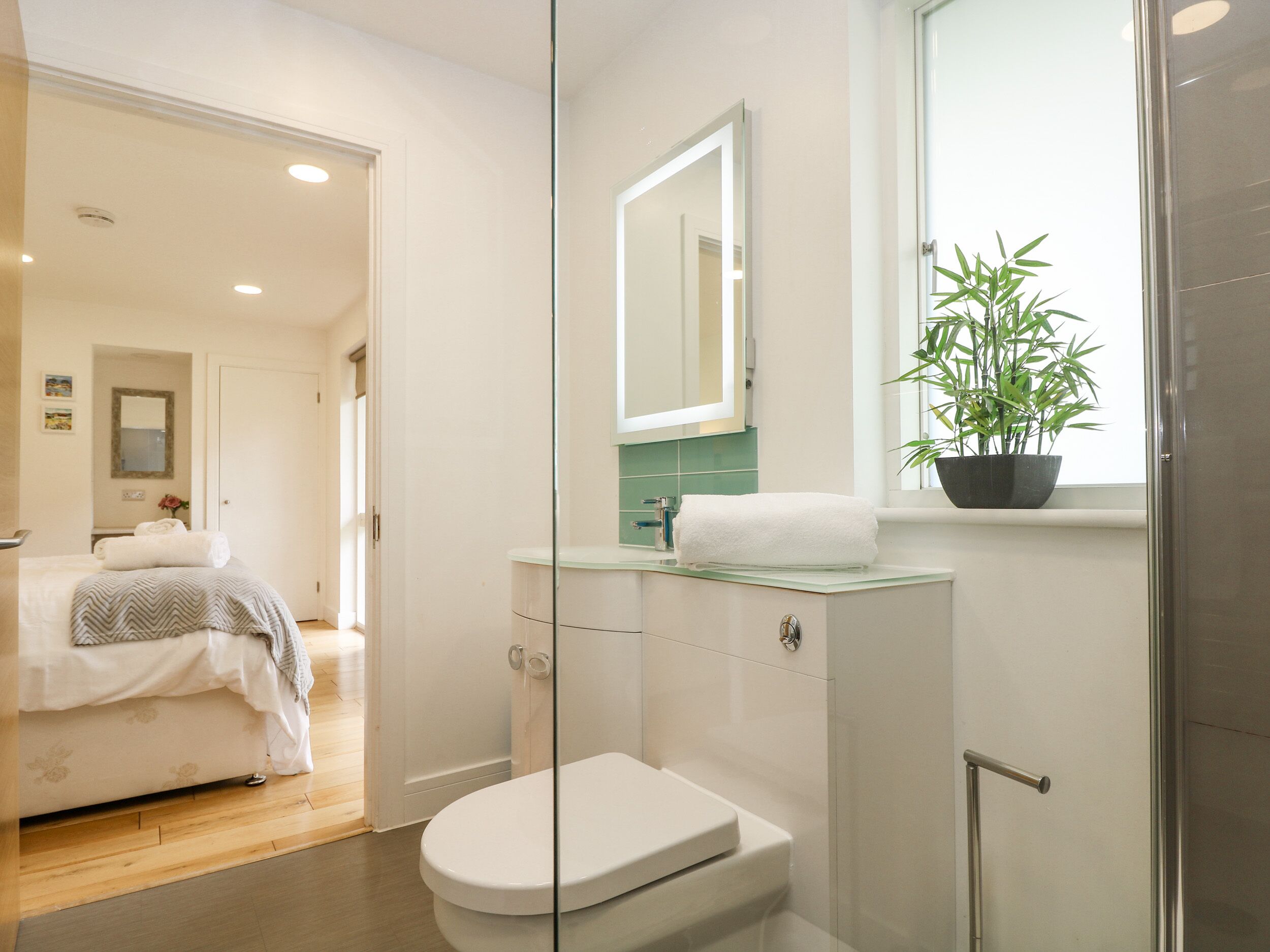 A modern bathroom with a glass shower enclosure, a white toilet, and a sink with a mirror above it.