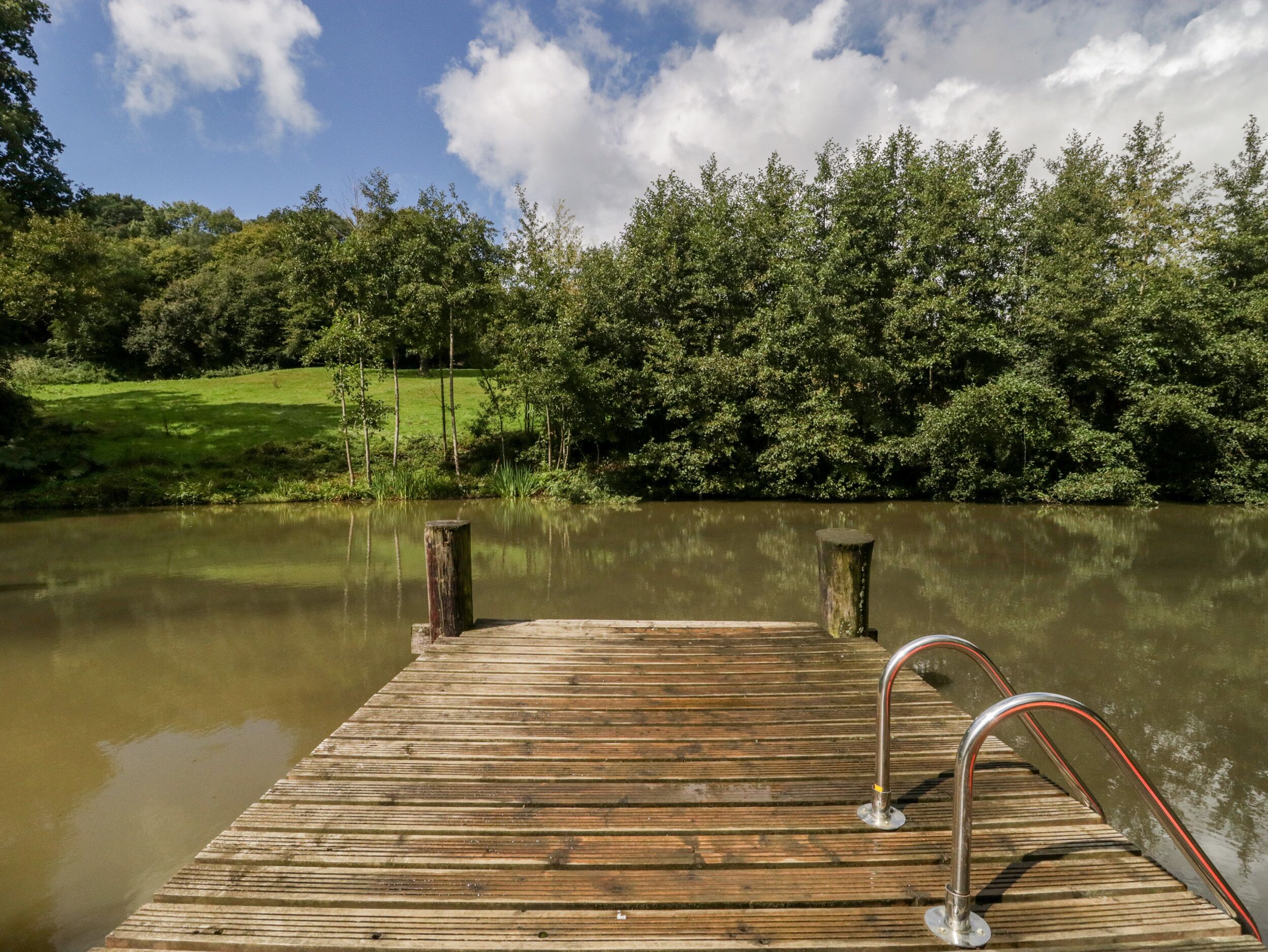 A wooden dock extending into a calm lake, surrounded by lush greenery and trees.