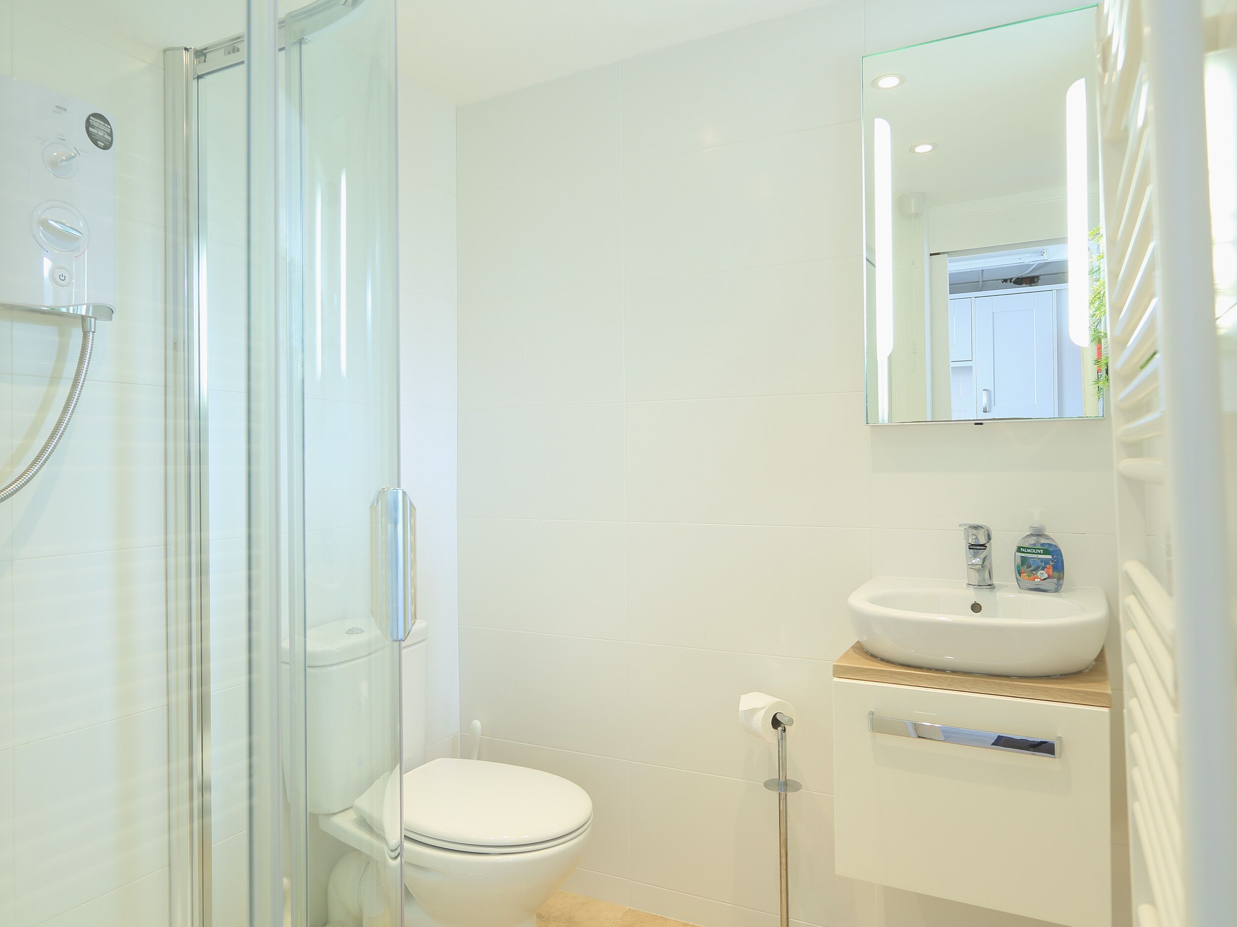 A modern bathroom with a glass shower enclosure, a white toilet, and a sink with a mirror above it.