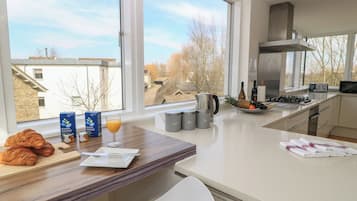 Fridge, oven, stovetop, cookware/dishes/utensils
