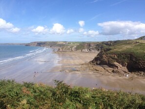 Un paisaje costero con una playa arenosa, acantilados y vegetación.