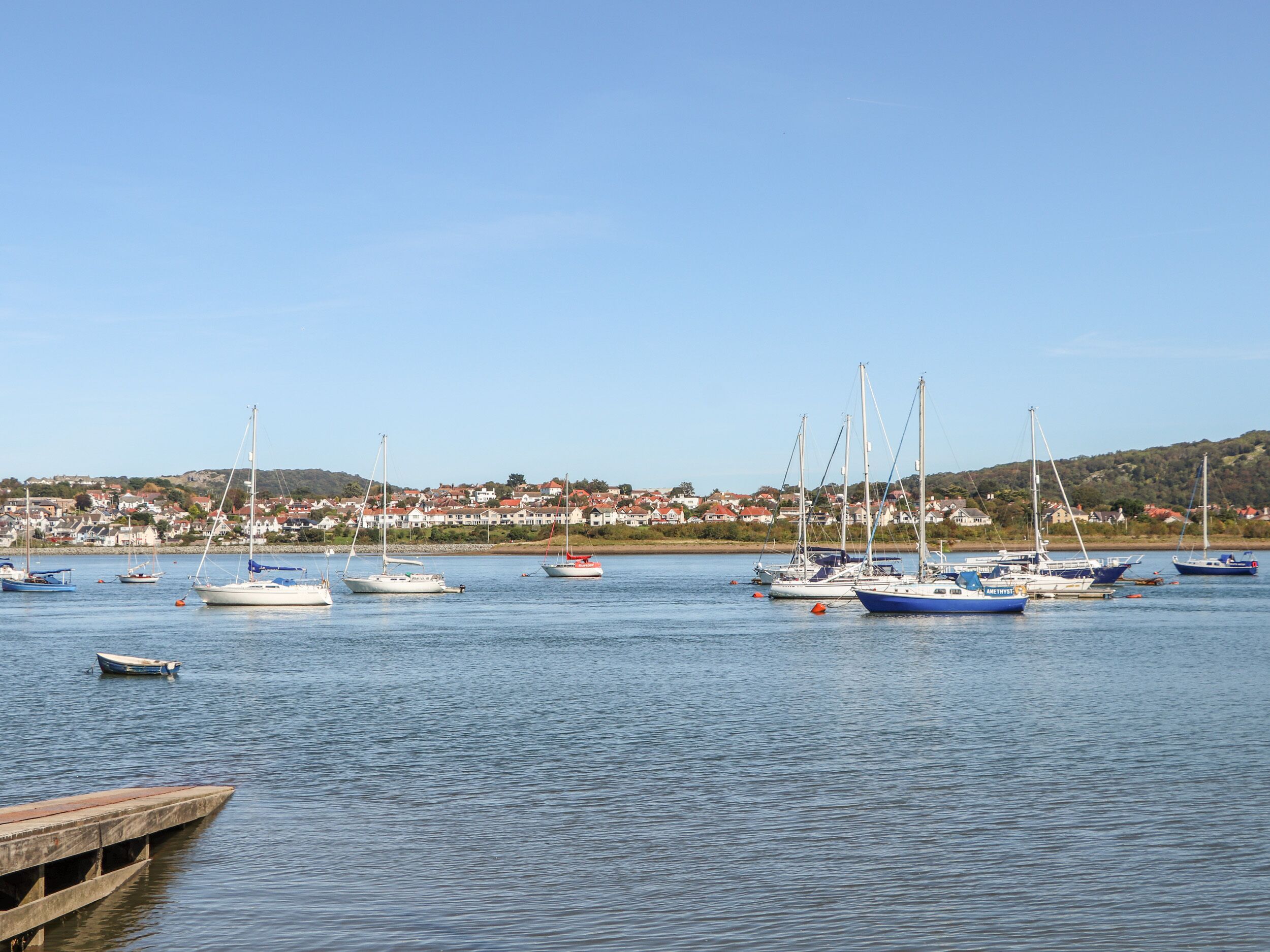 A marina with various boats docked, a wooden pier, and a town in the background.