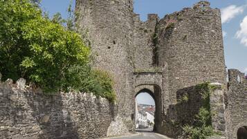 A historic stone castle with a large archway leading into a town.