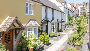 A narrow street lined with traditional houses, featuring stone walls, pitched roofs, and a variety of potted plants and flowers. - High Grove (Ludlow)
