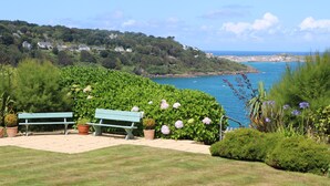 A coastal landscape with a grassy area, two green benches, and a variety of potted plants. - Meridian (St Ives)