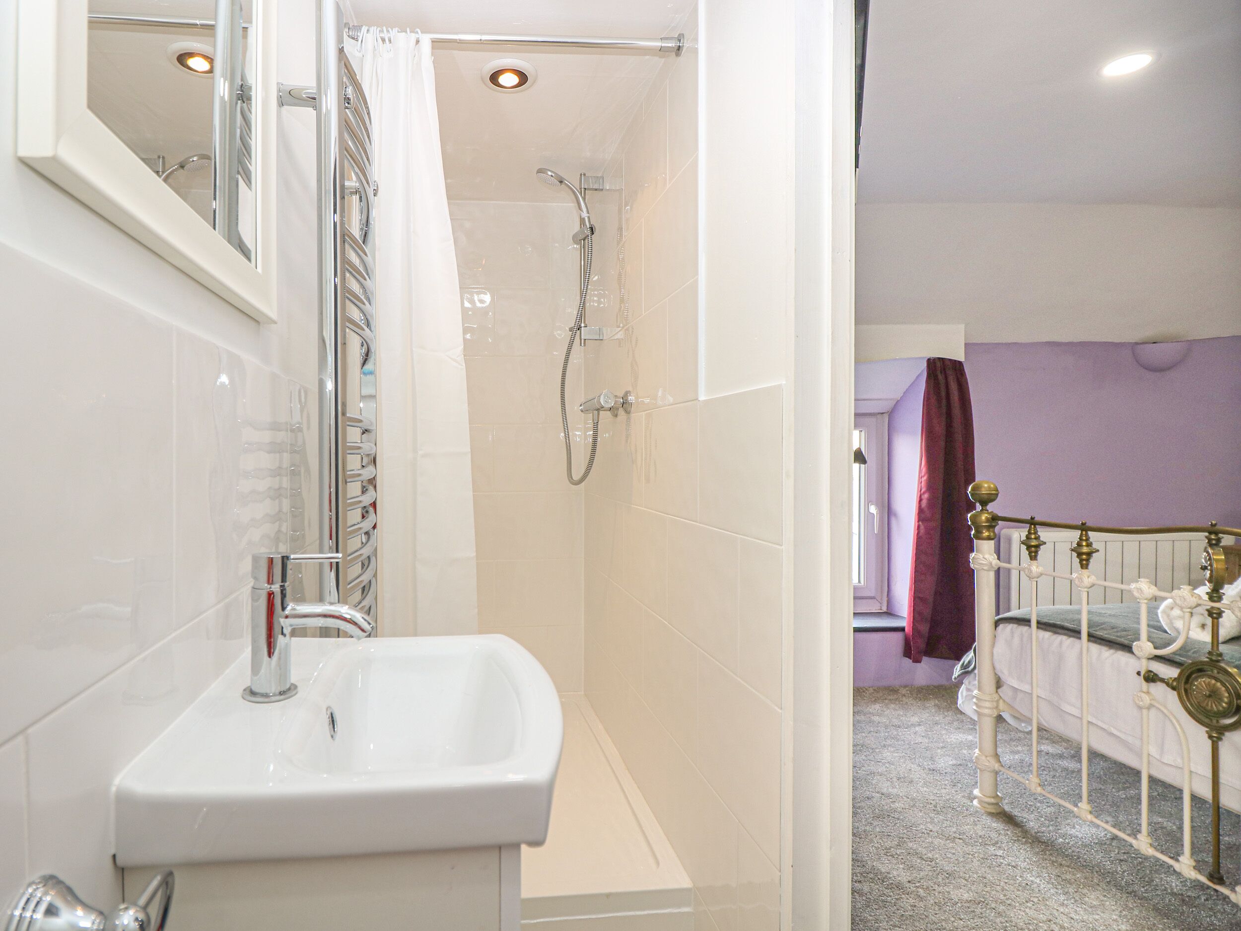 A bathroom with a shower, a sink, and a bed in the adjacent room.