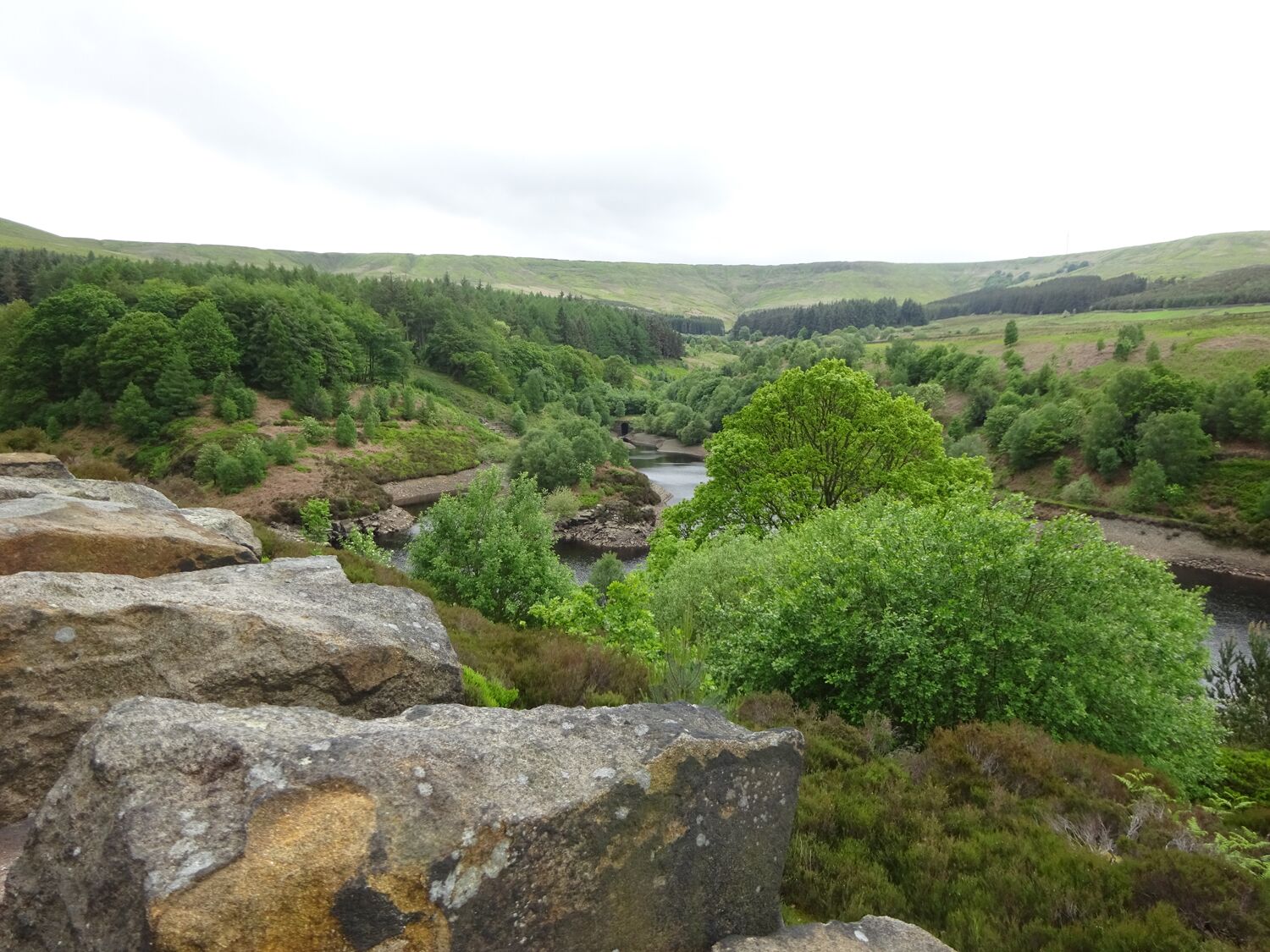 A natural landscape with a river, hills, and dense greenery.