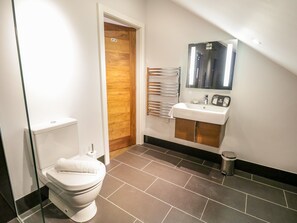 A modern bathroom with a toilet, a wooden door, a sink with a mirror, and a towel rack. - Lake View (Windermere)