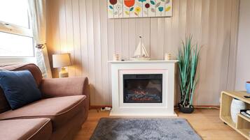 A living room with a sofa, a fireplace, a rug, and a wall-mounted artwork.