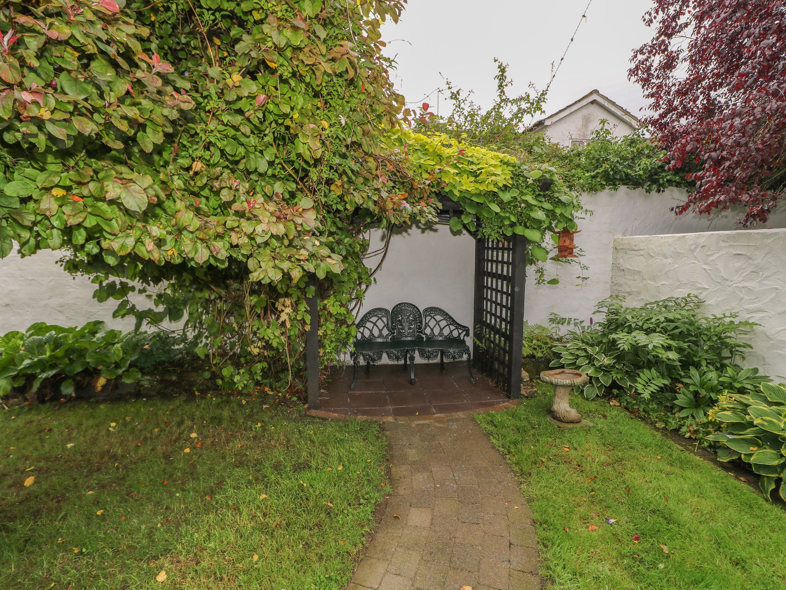 Un jardín con un banco bajo una pérgola cubierta de hiedra.