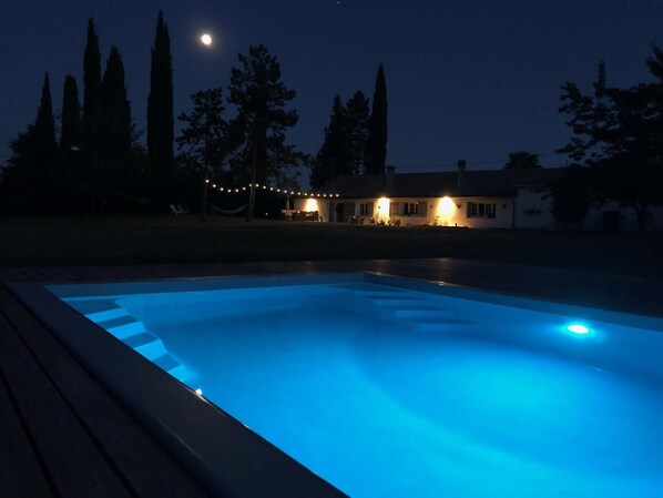Seasonal outdoor pool, pool umbrellas, pool loungers