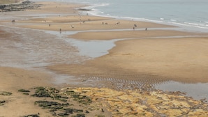 A beach with people walking and standing, a rocky shoreline, and cliffs in the background. - Tornado @ Engine Shed (Whitby)