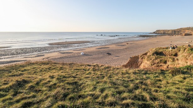 Ein Küstenstrand mit einer grünen Vordergrundwiese und blauem Himmel.
