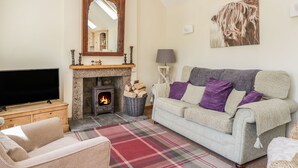 A cozy living room with a fireplace, a television, and a comfortable sofa. - Drumhead Bothy (Banchory)