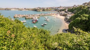 A coastal town with a marina, boats, and a sandy beach. - Fistral Quay (Newquay)