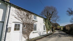 A white building with a door, windows, and a tree in front. - Penlone Cottage (Rhayader)