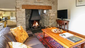 Ein gemütliches Wohnzimmer mit Kamin aus Stein, einer Ledersofa und einem Couchtisch mit Büchern.