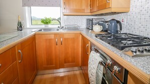 Cocina compacta con armarios de madera, estufa de acero inoxidable, microondas y ventana con vistas a zonas verdes.