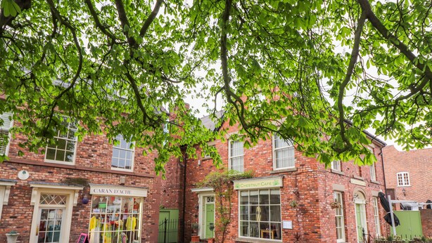 A brick building with a green door and windows, a sign for Chestnut Cafe, and a small garden area with potted plants. - The Dairy (Tarporley)