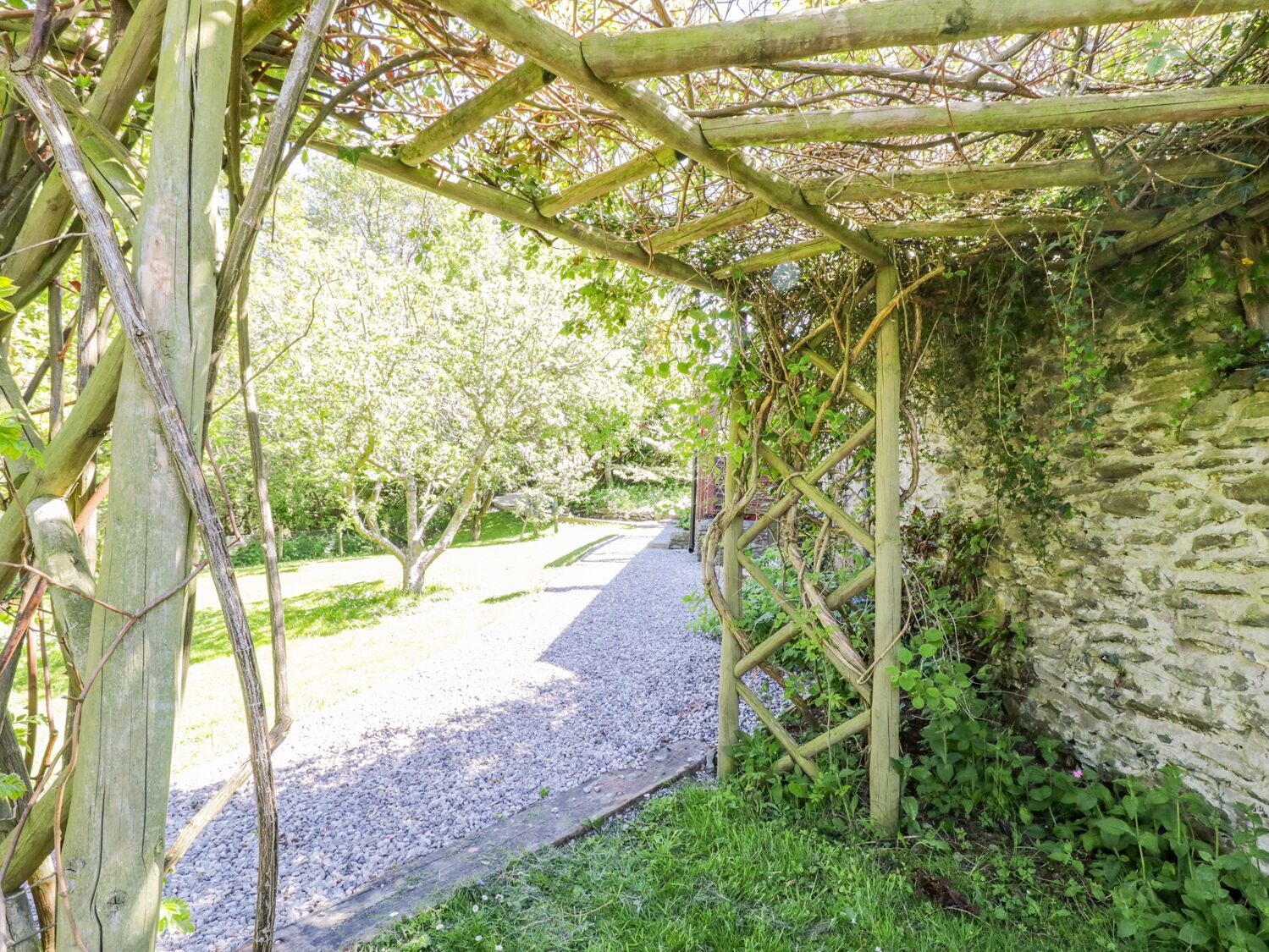 A garden pathway with a wooden pergola structure, surrounded by greenery and a stone wall.