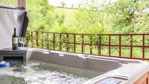 A hot tub with a wooden deck and a stone surround, surrounded by a wooden fence and lush greenery. - Valley Lodge 52 (Gunnislake)