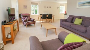 A living room with a sofa, armchair, and a TV on a stand. - Tirionfa (Llangefni)