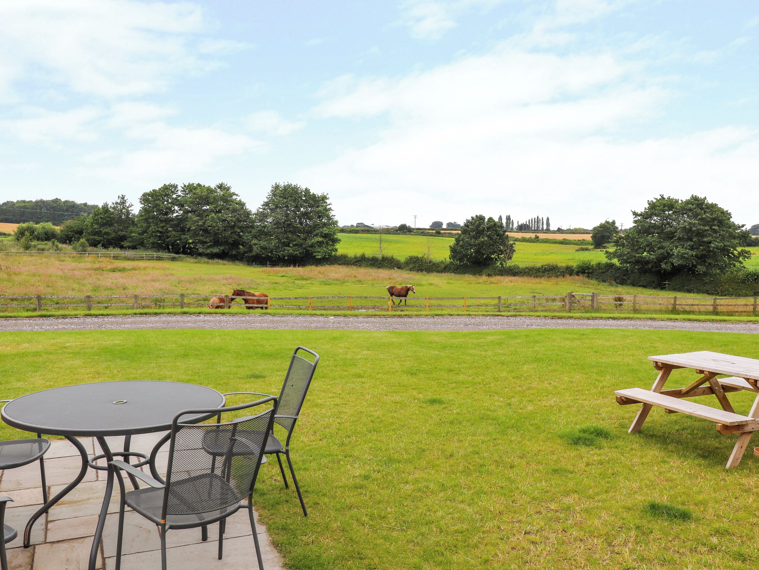 A patio area with a round table and chairs, a picnic table, and a view of horses grazing in a field.