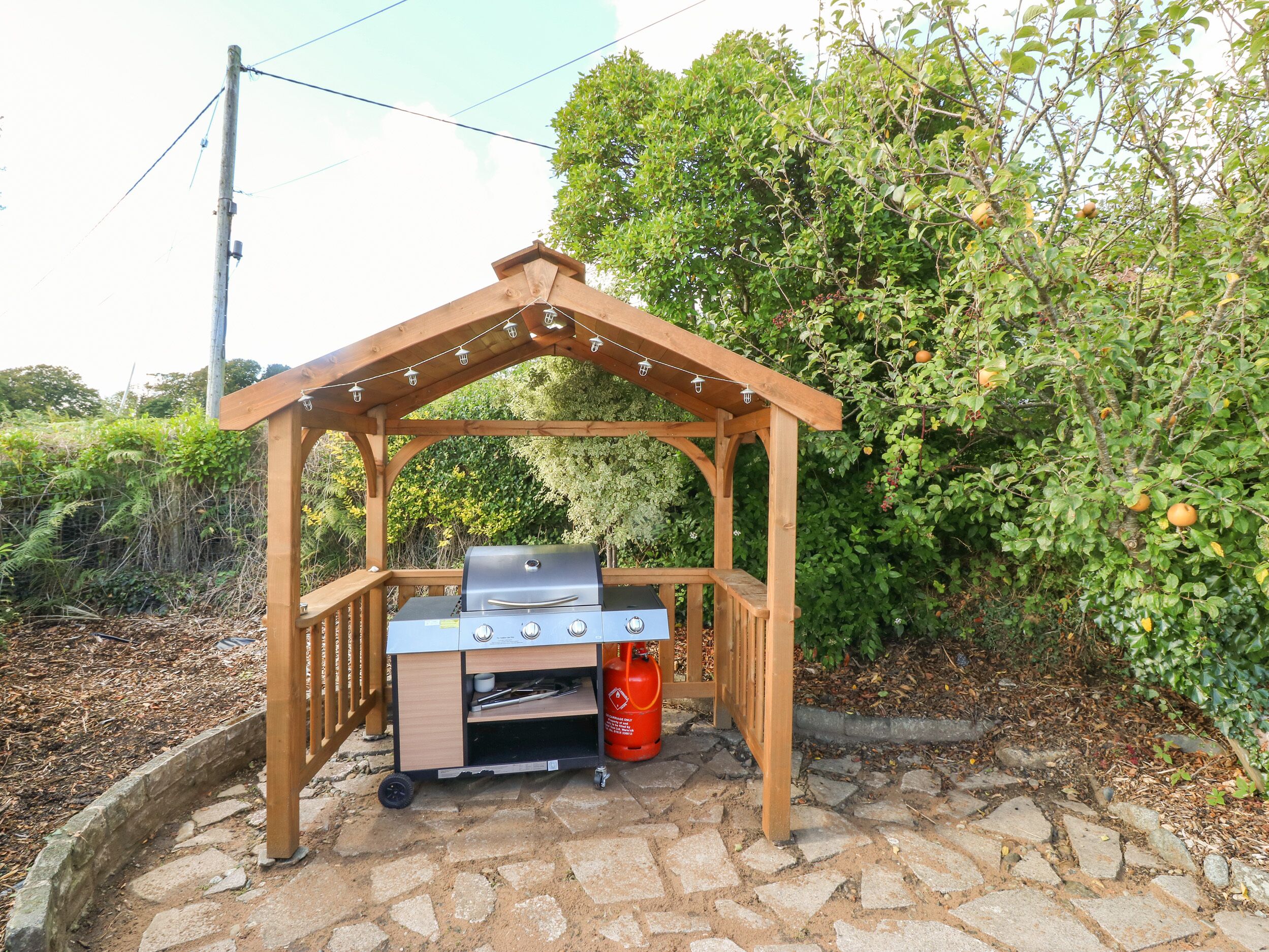 Una estructura de madera para barbacoa con una parrilla y un tanque de gas, rodeada de follaje.