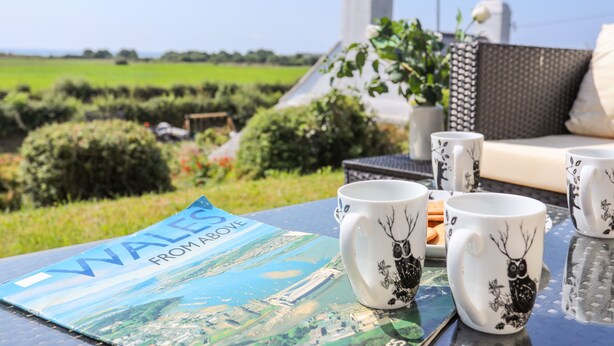 A table with four white mugs featuring black owl designs, a magazine titled "WALLES FROM ABOVE," and a wicker sofa with cushions in a scenic outdoor setting. - Tan Yr Allt (Pwllheli)