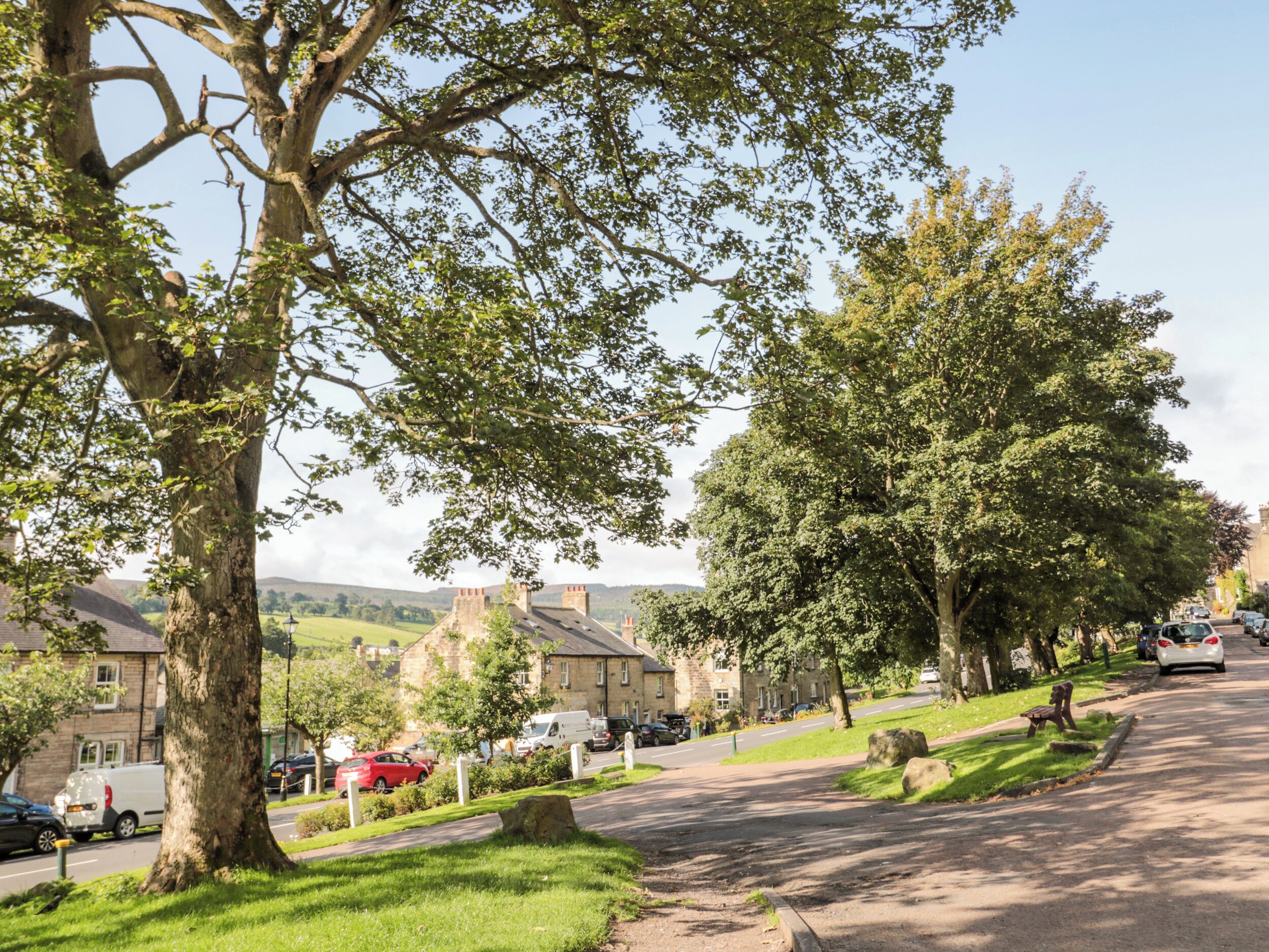 Une rue bordée d’arbres, avec des bâtiments en pierre, des voitures garées et un espace verdoyant agrémenté d’un banc.