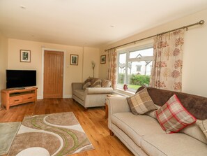 A living room with a flat-screen TV on a wooden stand, two sofas with plaid cushions, a patterned rug, and a window with curtains.