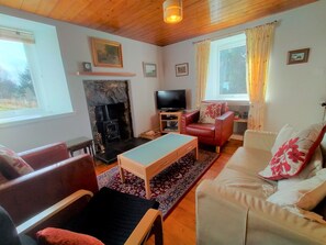 Stuga | Vardagsrum | Tv och eldstad