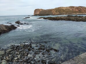A rocky shoreline with clear water and a large cliff in the background.
