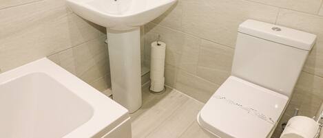 A bathroom with a sink, toilet, and a roll of toilet paper.
