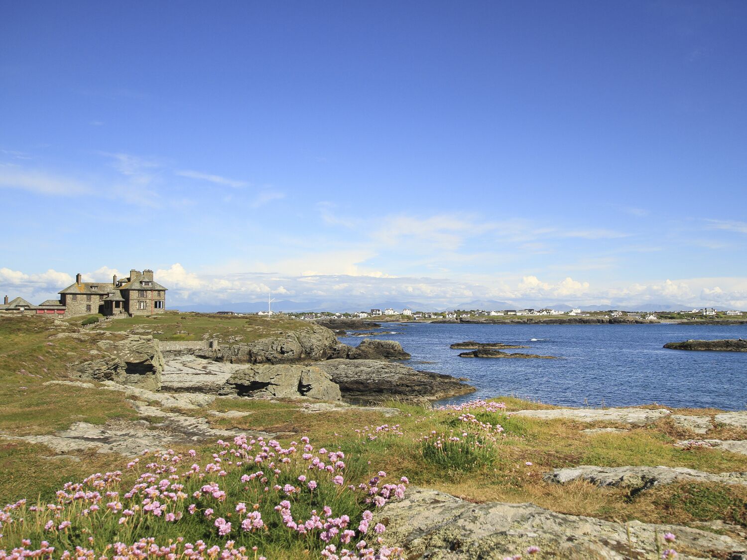 Un paysage côtier avec un bâtiment en pierre, une côte rocheuse et des fleurs roses.