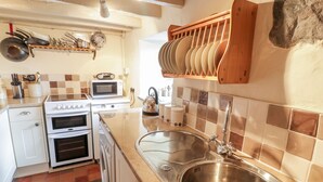 A kitchen with a stove, oven, microwave, sink, and a dish rack. - Plas Arenig (Blaenau Ffestiniog)