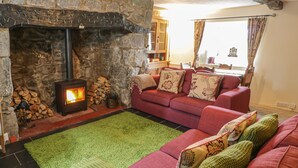 A cozy living room with a stone fireplace, a red sofa set, and a green area rug. - Plas Arenig (Blaenau Ffestiniog)